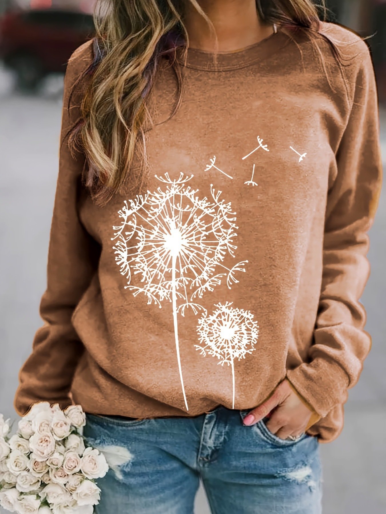 Dandelion Printed Long Sleeve Crew Neck Pullover Sweatshirt - Image 6