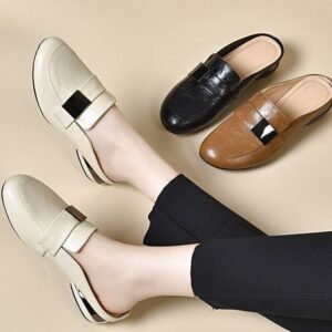 Solid Color Round Toe Low-top Women's Leather Mule Shoes