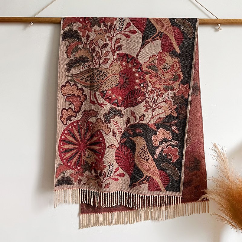 Season Ethnic Birds And Plants Collision Combination Elegant Going Out Cashmere-like Warm Scarf Shawl For Women - Image 9