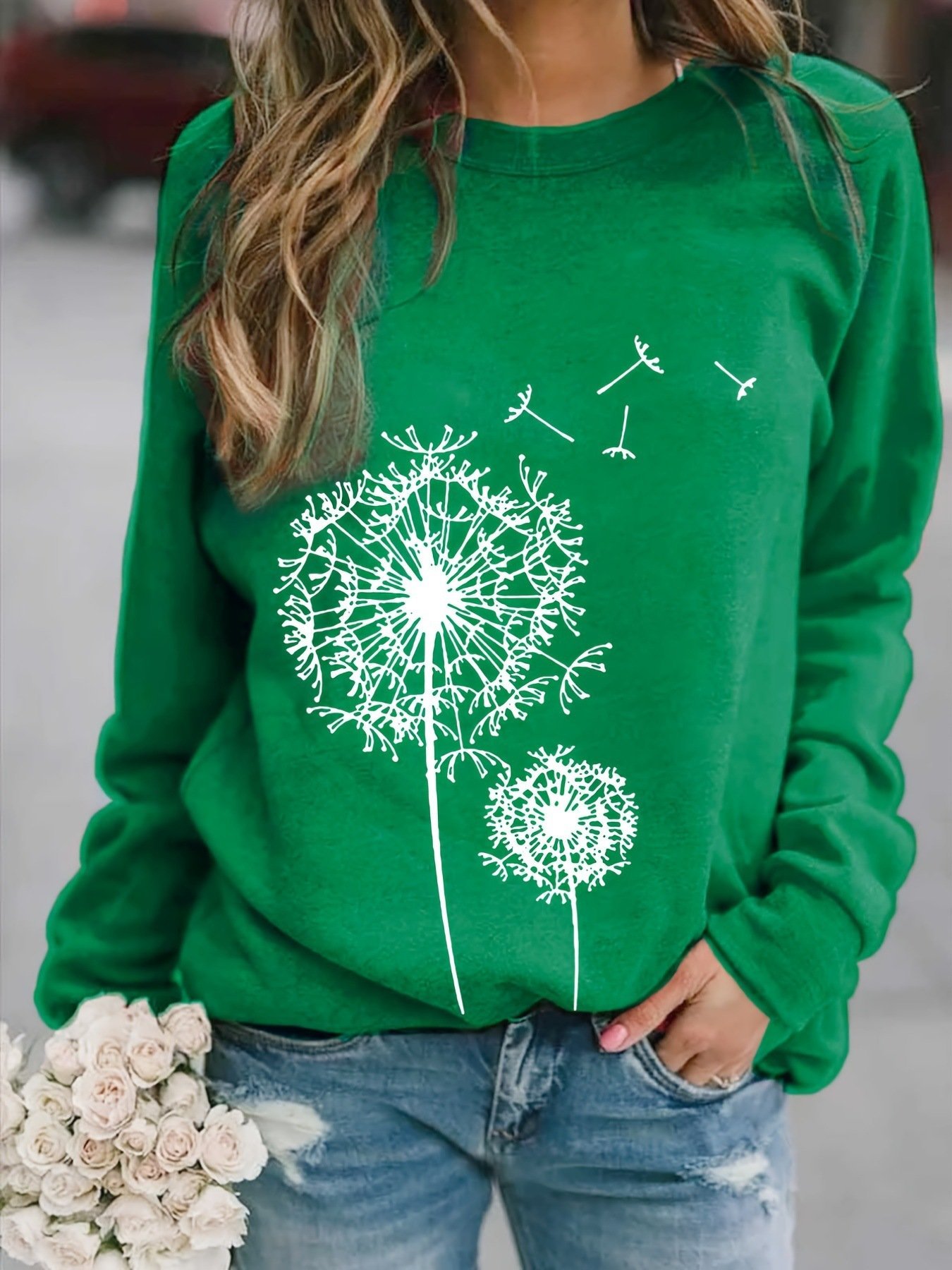 Dandelion Printed Long Sleeve Crew Neck Pullover Sweatshirt - Image 4