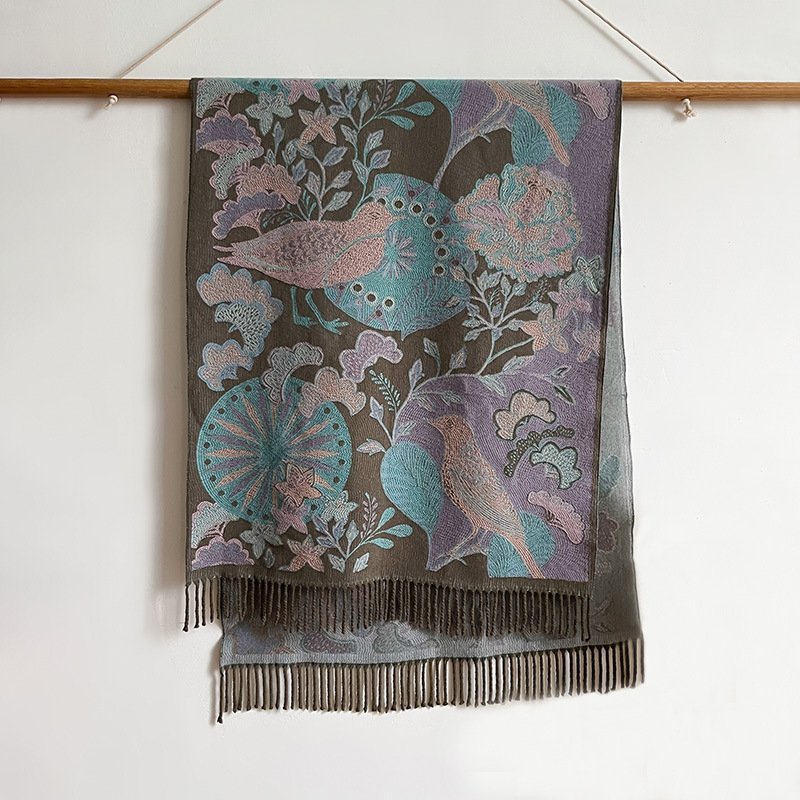 Season Ethnic Birds And Plants Collision Combination Elegant Going Out Cashmere-like Warm Scarf Shawl For Women - Image 8