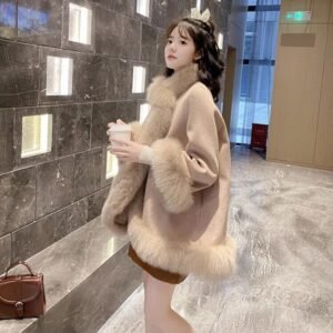 Artificial Fur Mid Length Woolen Cloak for Women