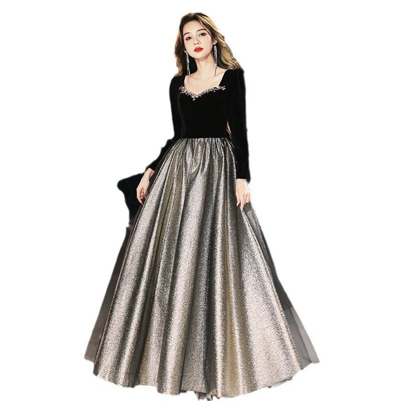 Banquet Temperament High-end Light Luxury Minority High-end Velvet Long Sleeves Black Evening Dress For Women - Image 3