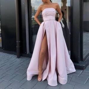 High Slit Costume Simple Satin Texture Zipper Strapless Long Type Banquet Evening Dress
