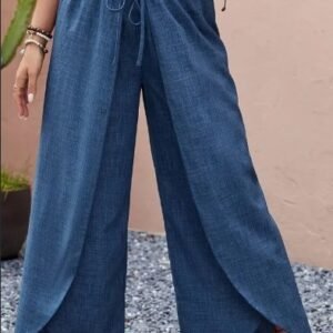 Stylish Shirred Waist Wide Leg Pants - Women's Clothing - Comfortable Vacation Style Layered Pants For Spring & Summer With Elastic Waistband And Flowy Design For A Flattering Fit