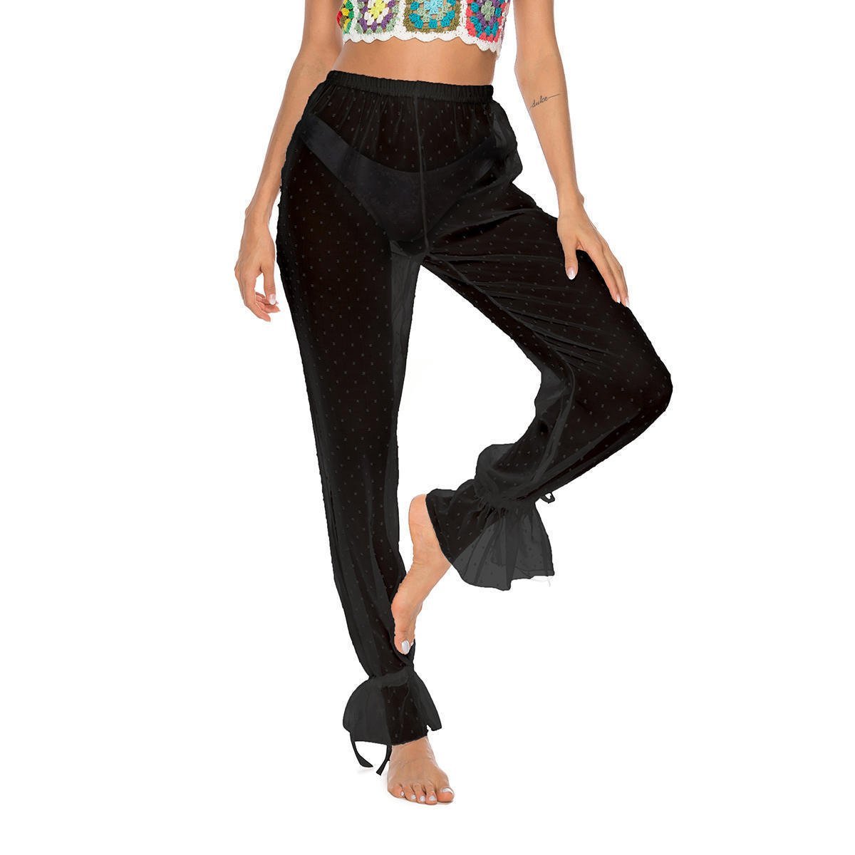 Women's Mesh Jacquard Ankle Banded Pants Slightly Transparent - Image 5