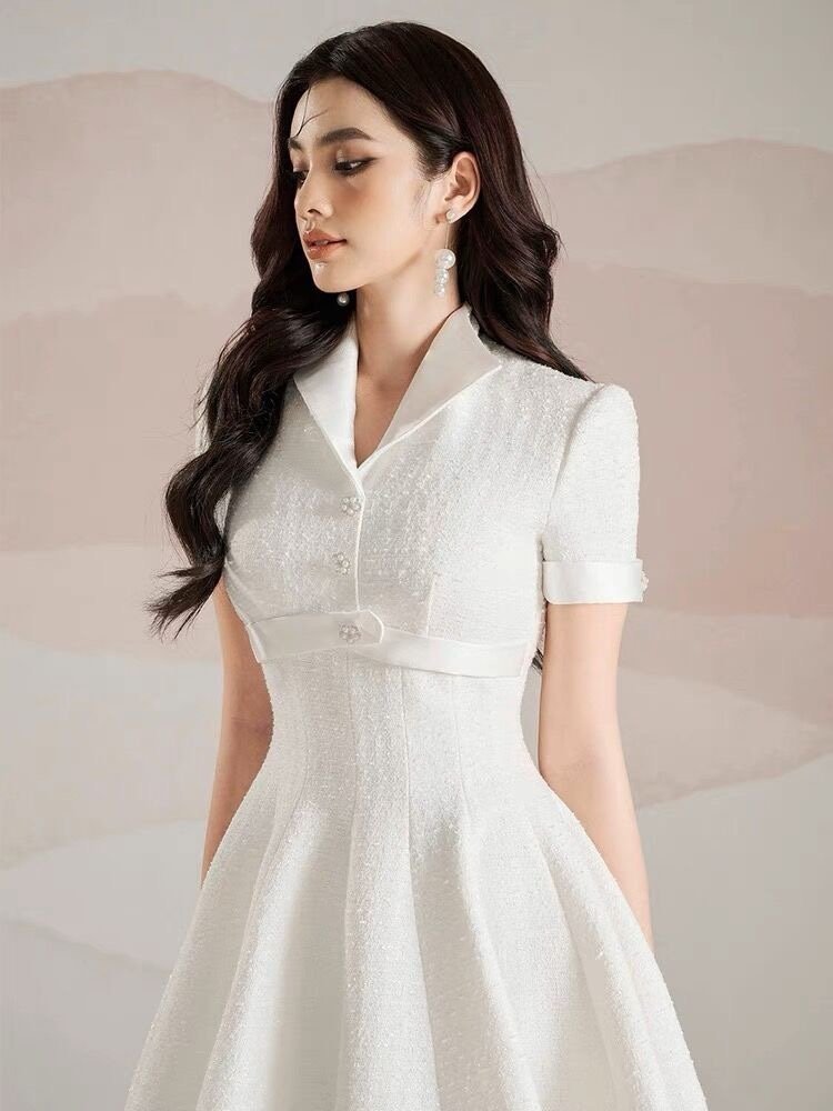 Elegant Lapel A-Style Hemline White Short Sleeve Dress - Image 2