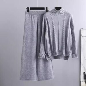 High-end Mock Neck Sweater Wide-leg Pants Suit Women
