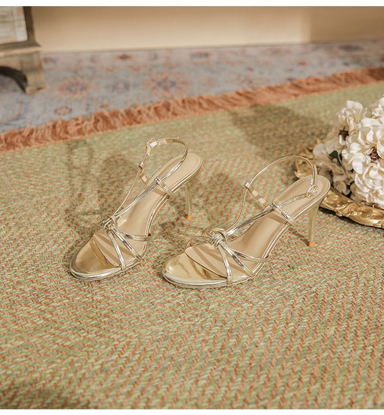 Gold Thin Heel Open Toe Round Toe High Heels - Image 6