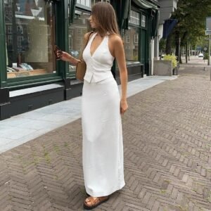 Women's Fashion V-neck Halter Strap Top Low Waist Slit Skirt