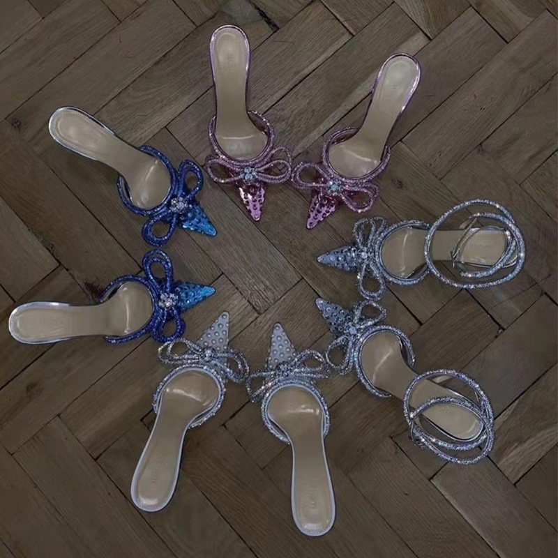 Women's Shallow Mouth Mesh Large Size Stiletto Heel Pointed Toe Back Empty Slippers - Image 5