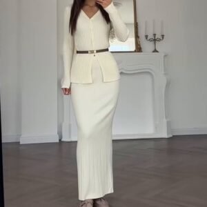Long Sleeve Knitted Temperament High Waist Sheath Long Skirt