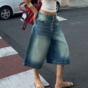 Women’s Multi-Button Denim Shorts - High-Waist Denim Shorts