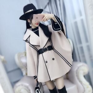 Beige Black Side Bat-shaped Cloak Cloak Top Woolen Coat Female Autumn Bat Sleeves