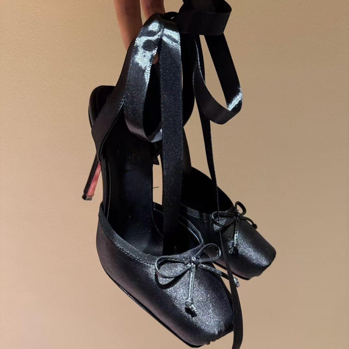 Leather Sole Women's Ballerina High Heel Shoes Fashion Satin Ribbon Toe Cap - Image 8