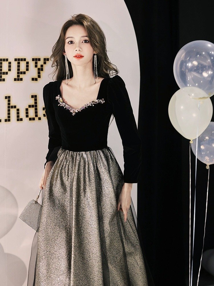 Banquet Temperament High-end Light Luxury Minority High-end Velvet Long Sleeves Black Evening Dress For Women - Image 8