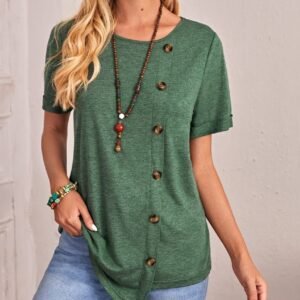 Round Neck Button Irregular Hem Short Sleeve T-shirt