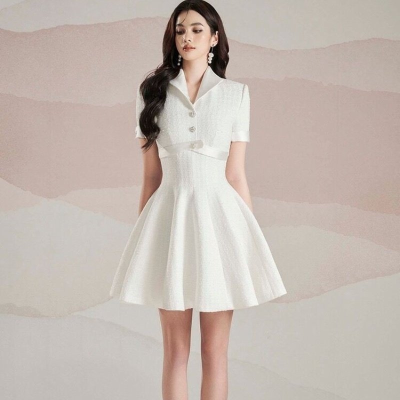 Elegant Lapel A-Style Hemline White Short Sleeve Dress - Image 6