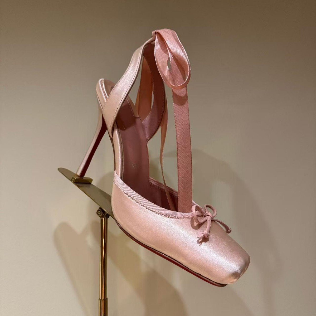 Leather Sole Women's Ballerina High Heel Shoes Fashion Satin Ribbon Toe Cap