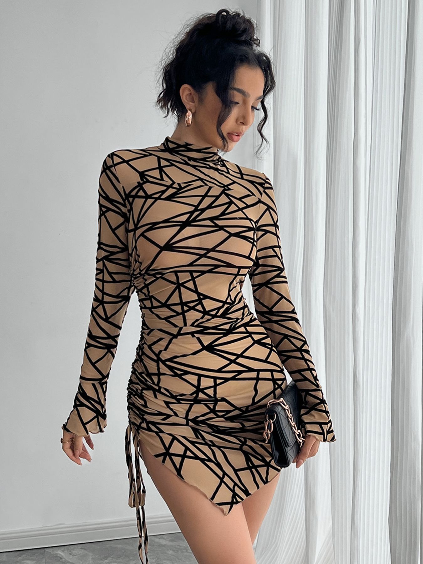 Slim fit Side Drawstring Stand up Collar Long sleeved Irregular Short Dress - Image 5