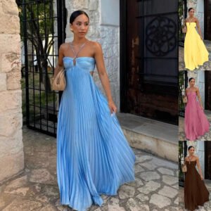 INS Pleated Sleeveless Sling Dress – Hollow High Waist Halter Party Dress for Women