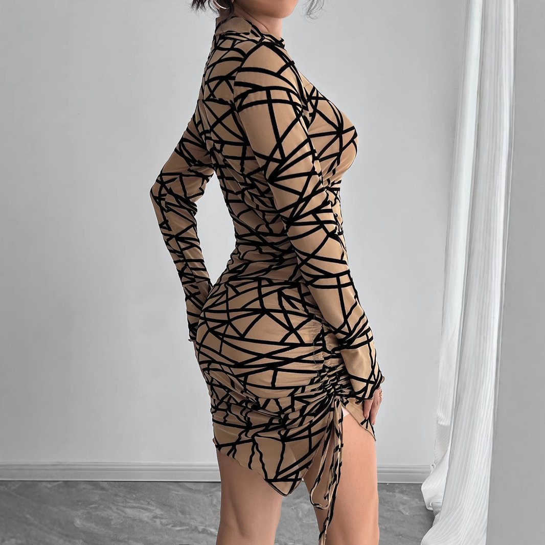 Slim fit Side Drawstring Stand up Collar Long sleeved Irregular Short Dress - Image 6