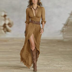 Solid Color Lapel Long Sleeve Maxi Dress For Women