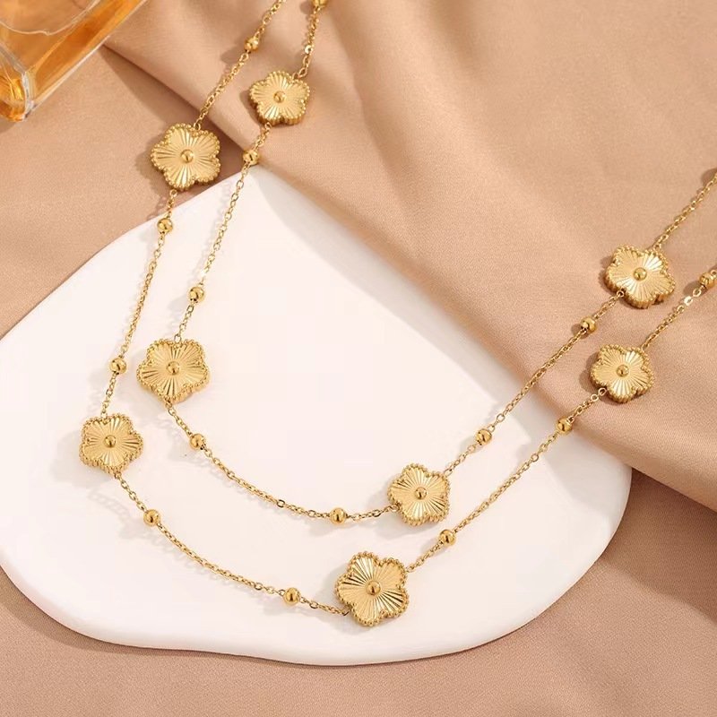 Simple and Temperament Double sided Five leaf Flower Long Sweater Chain – Elegant Women’s Pendant Necklace - Image 3
