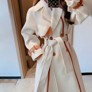 Mid length Large Lapel Color block Woolen Coat For Women -Elegant Winter Outerwear