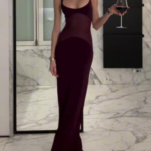 Burgundy Mesh Patchwork Suspender Dress – Elegant Bodycon Evening Outfit for Women