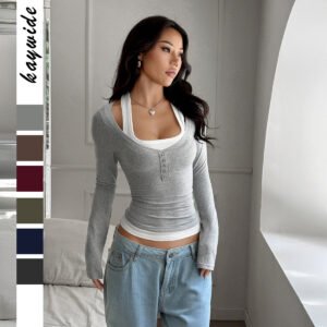 Women's Colorblock All-matching Fake Two-piece Suspender Long-sleeved T-shirt