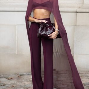 Burgundy Mesh Two-Piece Set | Shawl Top & High-Waisted Pants Stunning Outfit