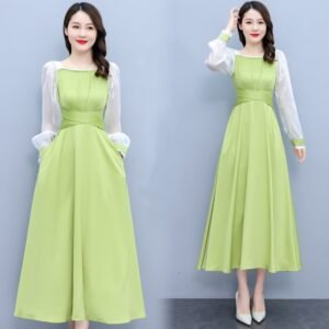 Green Satin Slim Fit Long Dress