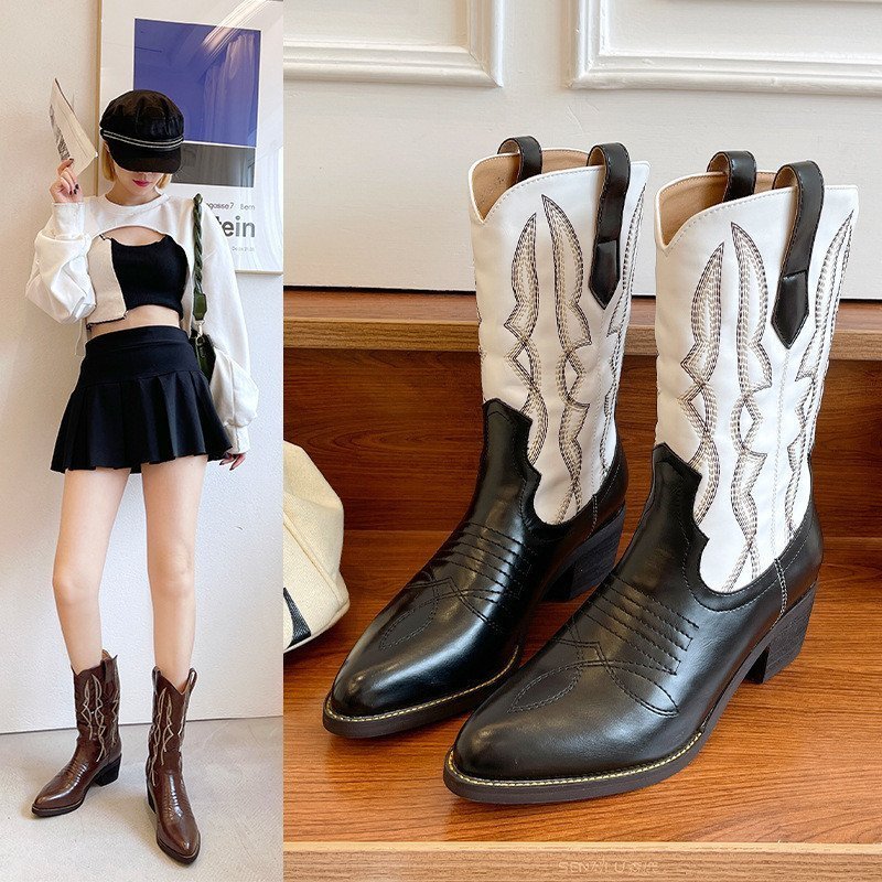 Pointed Toe Thick Heel Mid-tube Colorblock Martin Boots