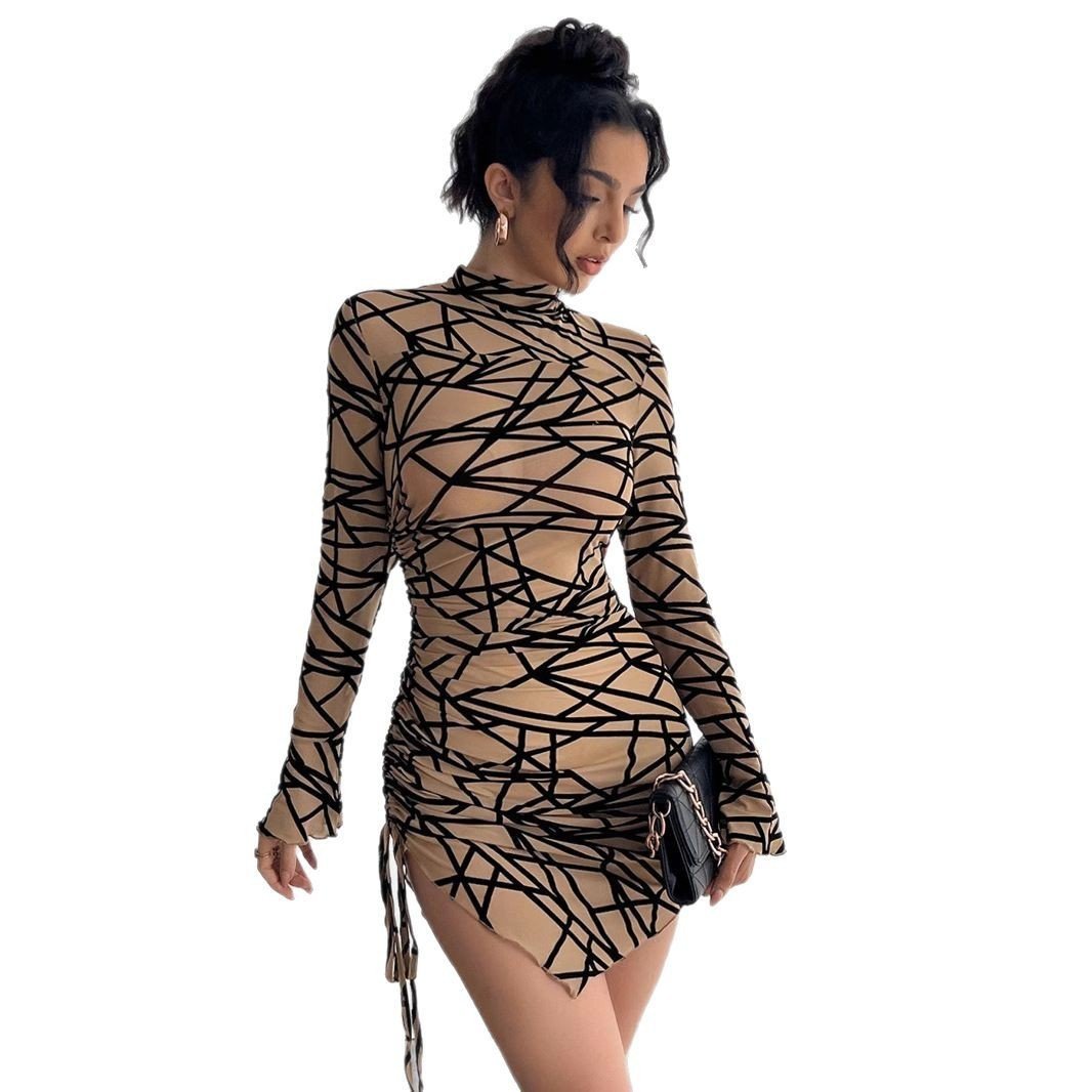 Slim fit Side Drawstring Stand up Collar Long sleeved Irregular Short Dress - Image 3