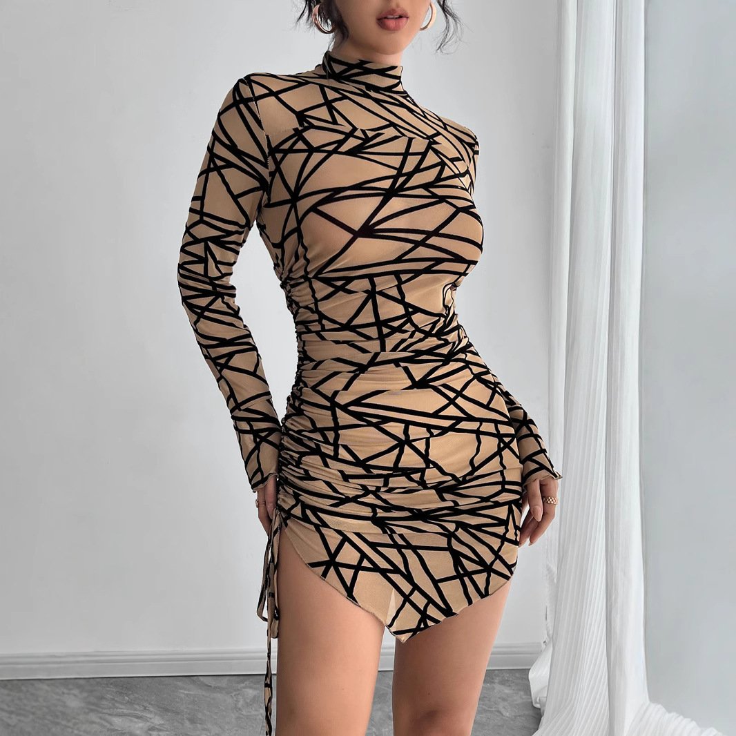 Slim fit Side Drawstring Stand up Collar Long sleeved Irregular Short Dress - Image 4