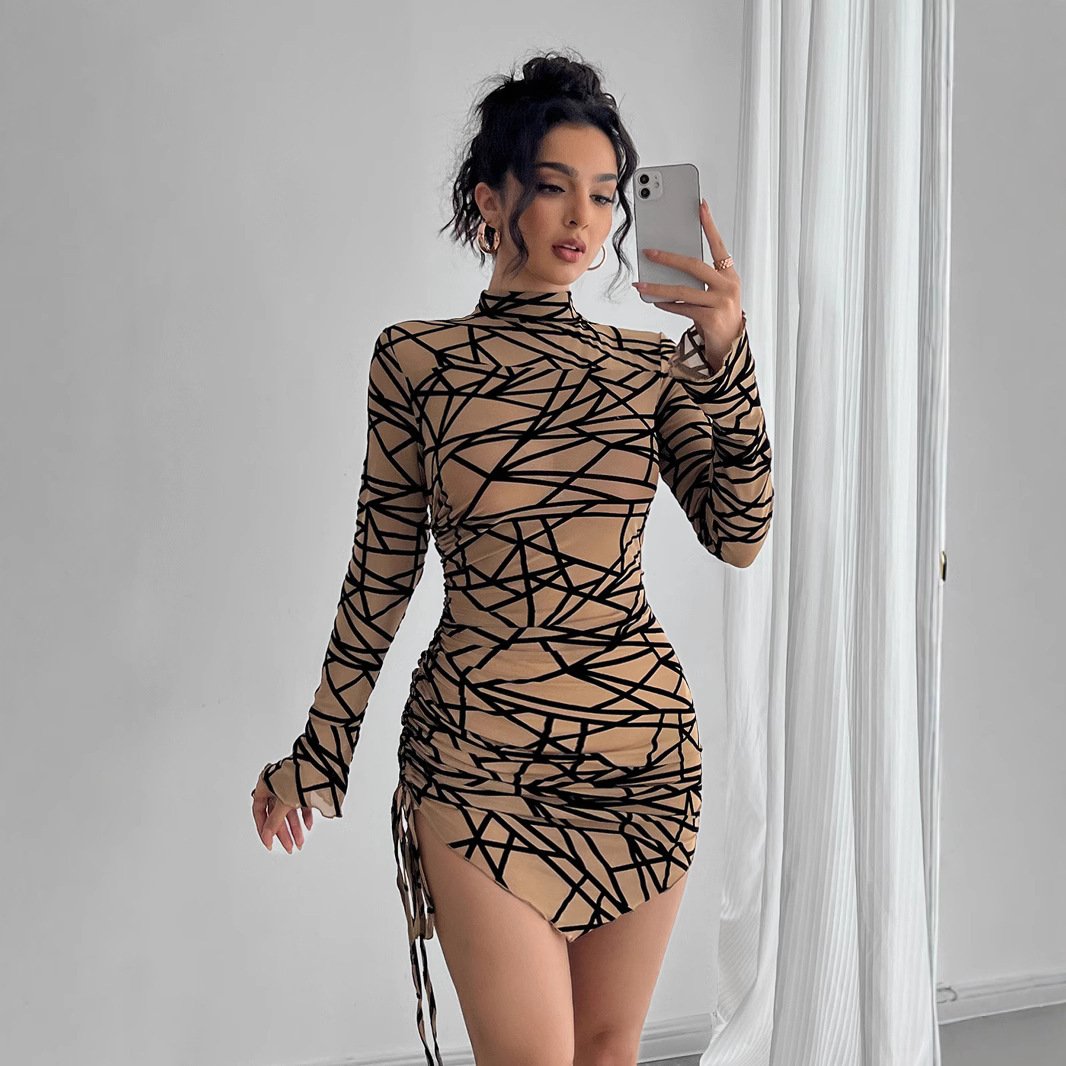 Slim fit Side Drawstring Stand up Collar Long sleeved Irregular Short Dress - Image 2