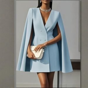 Women Elegant Solid Color V Neck Double Breasted Cape Blazer Dress Spring and Summer Party Banquet Outfit