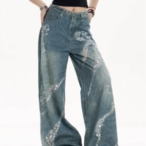 Women's Bowknot Printed Jeans Loose Wide-leg Pants