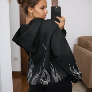 2025 New Women's Jacket With Zipper Closure, Hooded Neck, Flame Printed Sleeves, Essential Women's Coat For Autumn And Winter