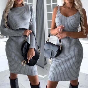 2pcs Suit Women Solid Stripe Long sleeved Top And Tight Suspender Skirt Fashion Autumn Winter Slim Clothing