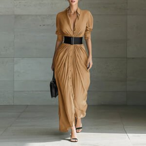 Fashionable Elegant Lapel Breasted Shirt Dress With Belt