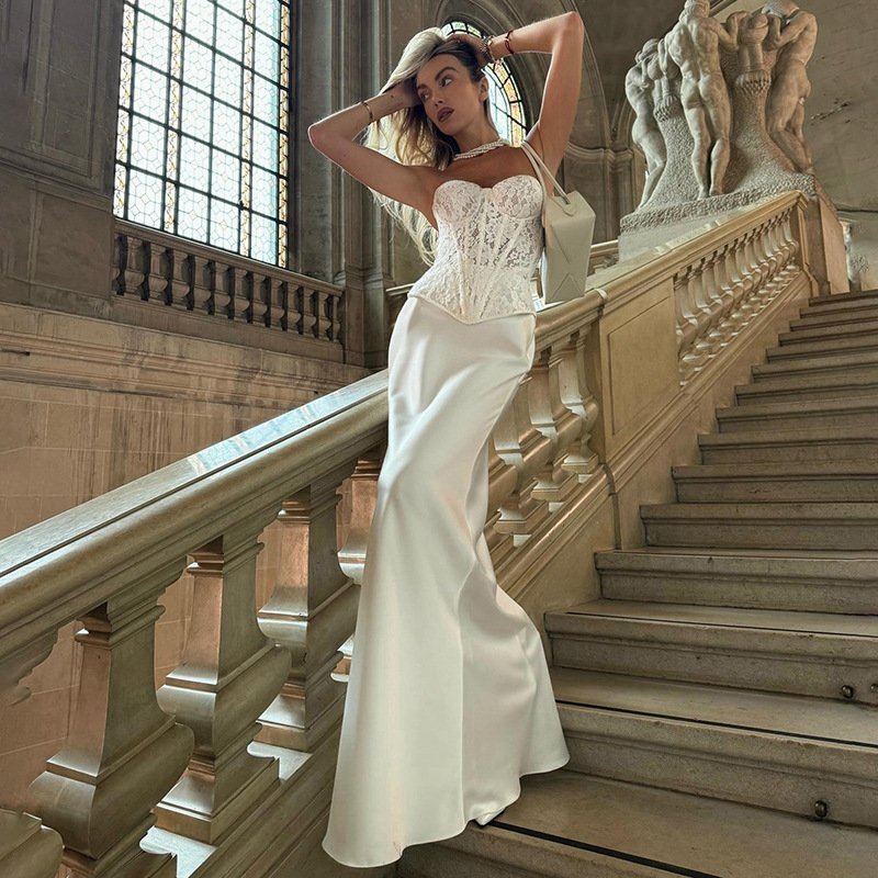 Autumn Elegant Lace Fishbone Bandeau Slim fit Long Dress Suit