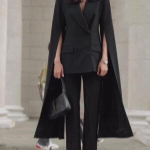 Black Cape Blazer Suit with Cropped Pants Set – Elegant Women’s Two-Piece Outfit