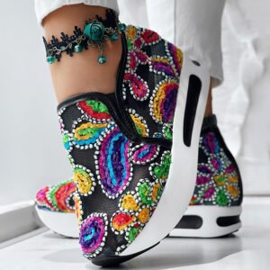 Random Print Side Lace Up Elastic Sport Shoes – Comfortable Slip-On Sneakers for Casual Daily Wear