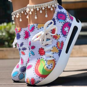 Random Print Side Lace Up Elastic Sport Shoes – Comfortable Slip-On Casual Sneakers for Daily Wear