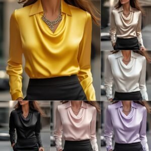 Elegant Women Swing Collar Satin Blouse – Long Sleeve Draped Office Top for Spring