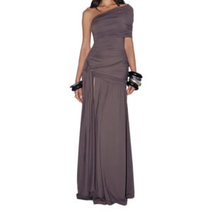 Solid Color Pleated One Shoulder Long Dress – Split Girdle Waist Maxi for Women
