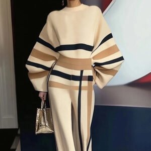 Color Block Crew Neck Pullover – Stylish Matching Pants Set for Casual Fashion